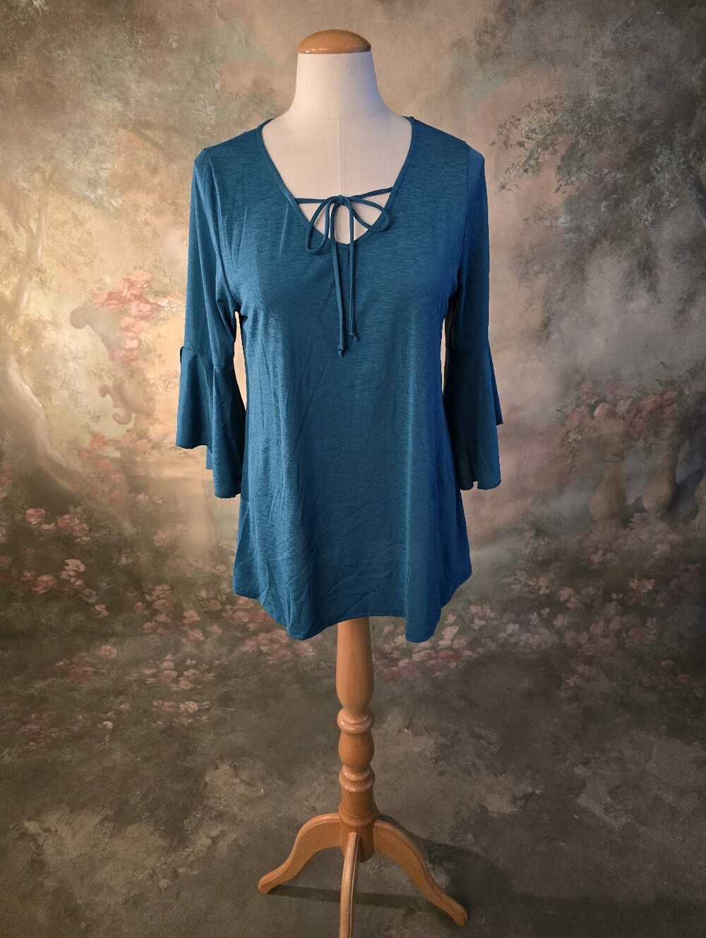 Honey Love Gabby Teal Bohemian  Tunic Blouse 3/4 Bell Sleeves S